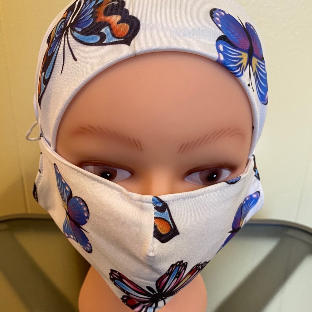 White Multi-Color Butterfly Head-Wrap Face Mask